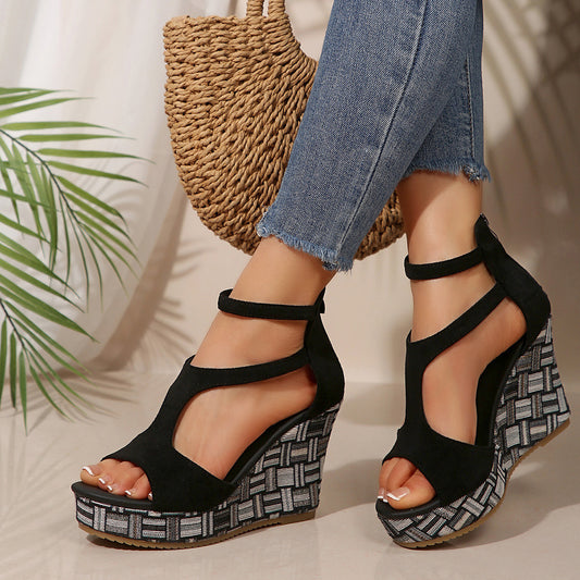 Women's Thick-soled Slope Ankle-strap Buckle Hemp-soled Sandals - BMYANY