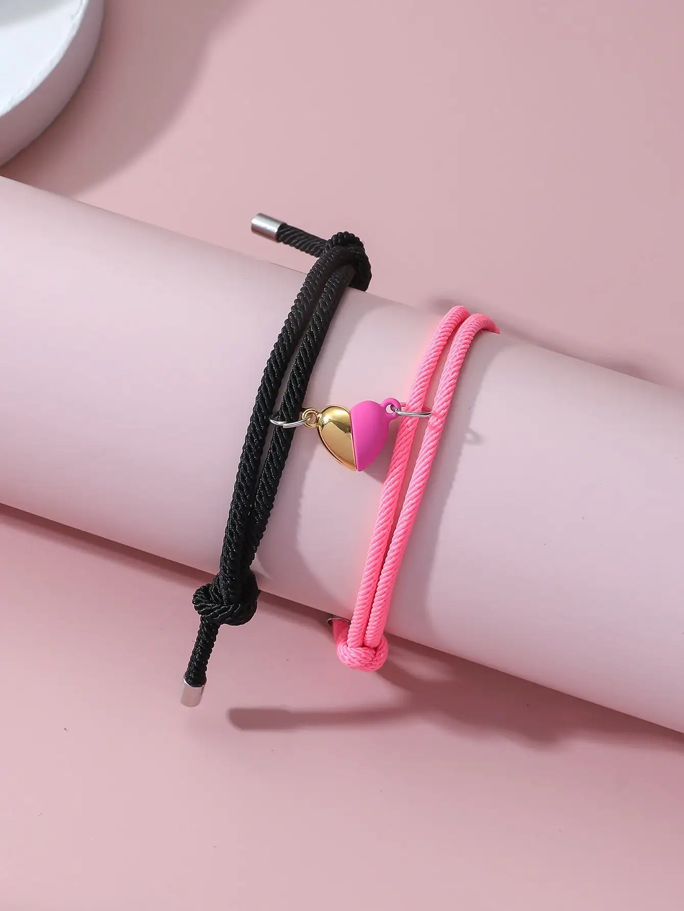 2 Pieces Set Black White Hand Rope Love Magnetic Couple Bracelet Best Friend Party Fashion Elegant Silver Color Heart Charm Gift