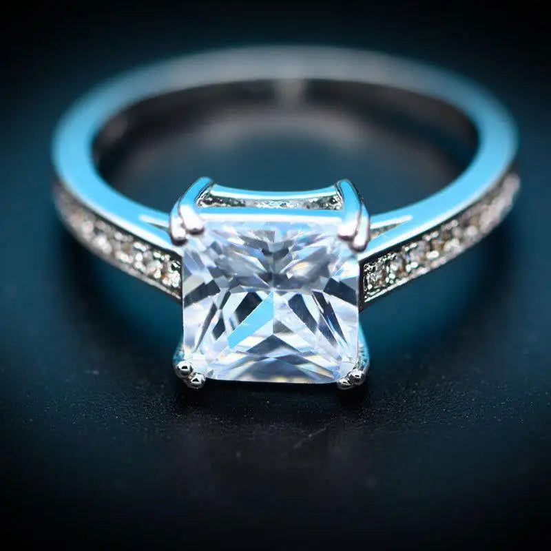 Bagues carrées princesse 8 x 8 mm en zircone cubique plaqué or blanc, bijoux de fiançailles pour femmes, CC079