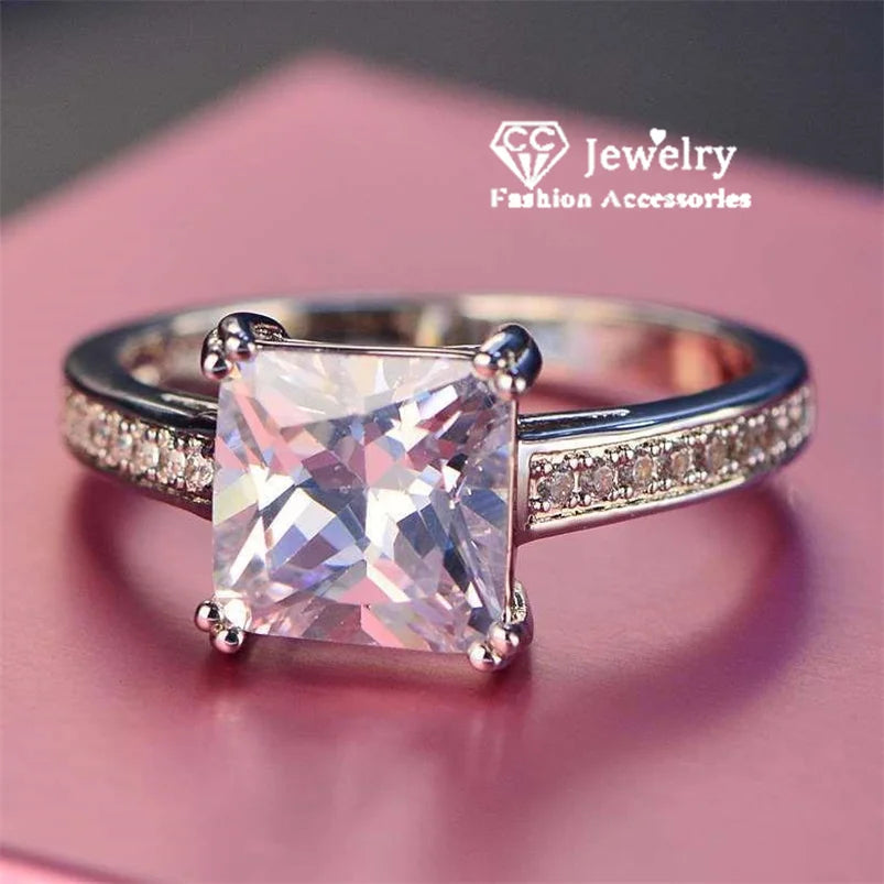 Bagues carrées princesse 8 x 8 mm en zircone cubique plaqué or blanc, bijoux de fiançailles pour femmes, CC079
