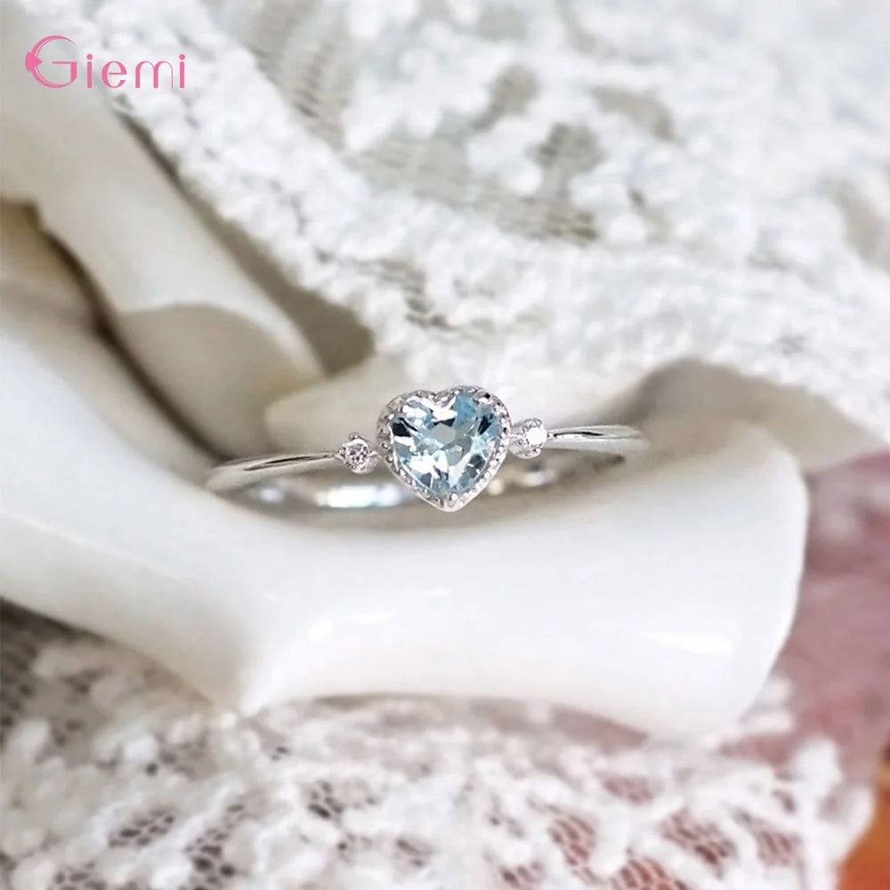 Bagues de mariage de luxe en argent sterling 925 avec zircon cubique bleu pour femmes, bagues minimalistes fines en forme de cœur en zircone,