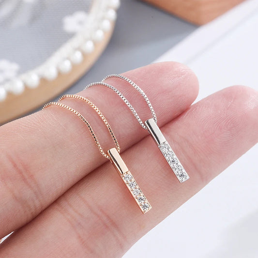 Real 925 Sterling Silver Zircon Stick Pendant Necklace Choker For Fashion Women Classic Fine Jewelry Minimalist Bijoux