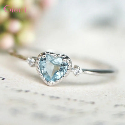 Bagues de mariage de luxe en argent sterling 925 avec zircon cubique bleu pour femmes, bagues minimalistes fines en forme de cœur en zircone,