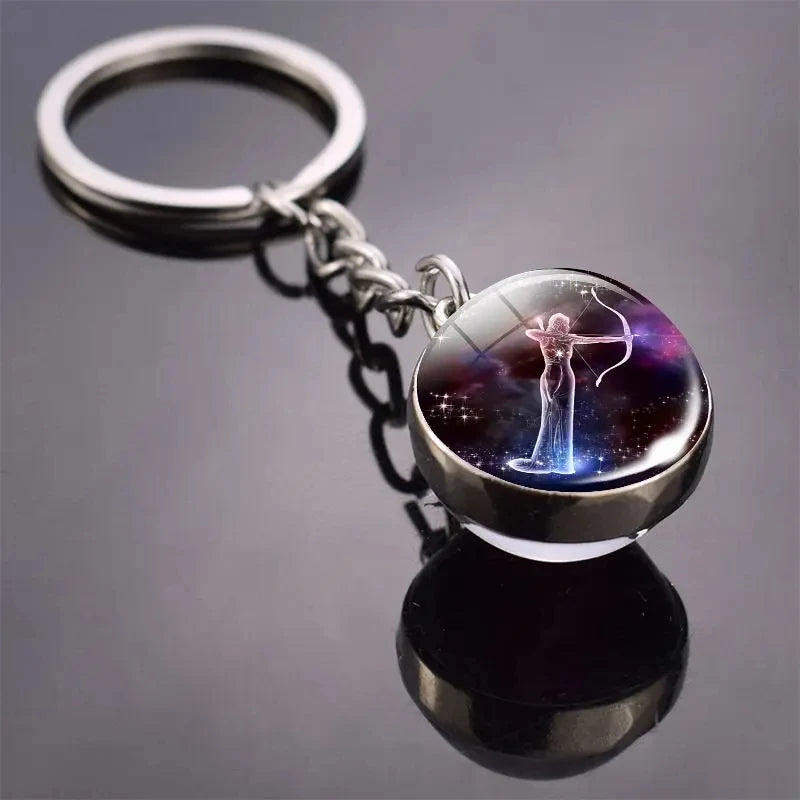 12 Constellation Key Chain Luminous Double Sided Glass Ball Pendant 12 Zodiac Key Chain Fashion Birthday Gift for Men and Women