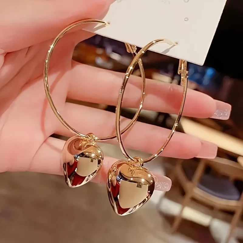 2 Colors Heart-Shaped Pendant Hollow Hoop Earrings - Fashion Alloy Jewelry for Women - Luxury Style for Date Nights and Vacations