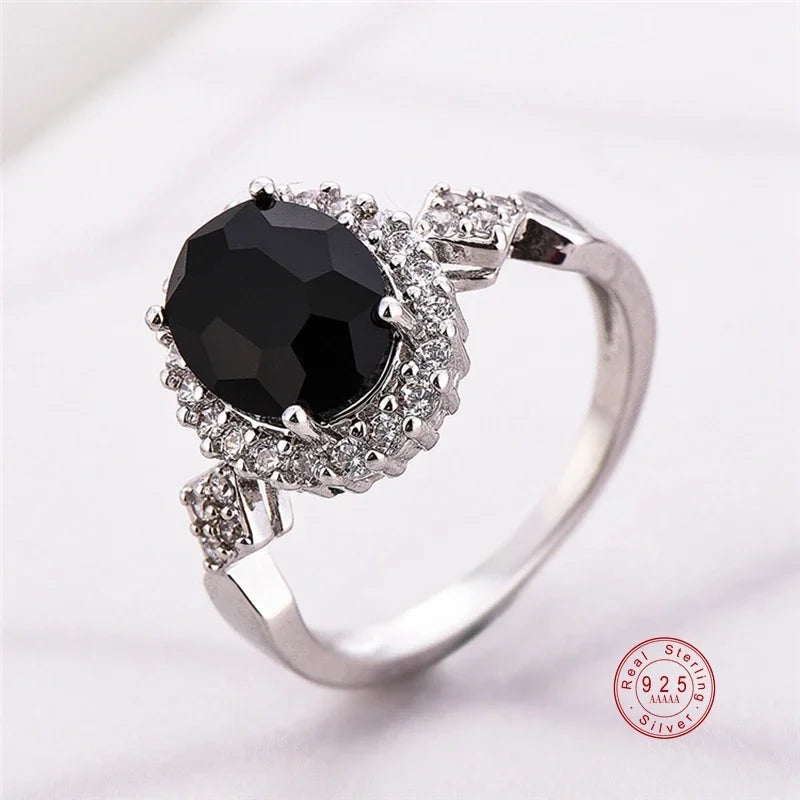 6 Colors Genuine Jewelry 925 Sterling Silver Stackable Ring Round Black CZ Crystal Finger Ring for Women Wedding Party Bague Bijoux