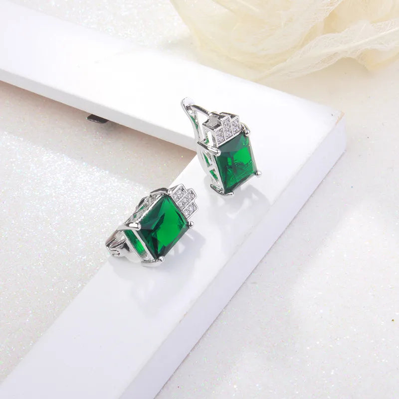 CC Fashion Jewelry Stud Earrings For Women Silver Color Green Stone Clip Drop Earring Engagement Bride Wedding Bijoux CCE175