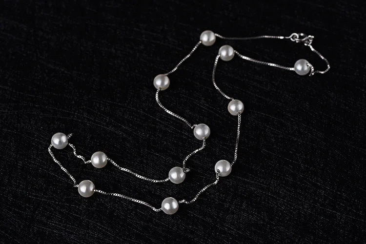 MEEKCAT 925 Sterling Silver Jewelry 12 PCS 6mm Freshwater Pearl Box Chain Choker Necklace kolye collares bijoux femme DN170