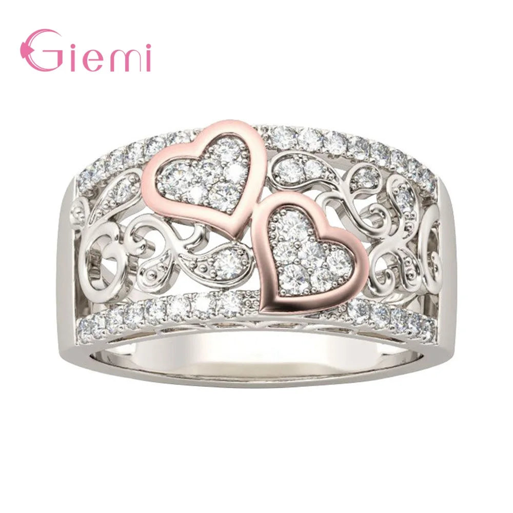 Heart and Soul 925 Sterling Silver Cubic Zirconia Finger Ring for Women Girl Sweet Gift Jewelry Bijoux Ornament