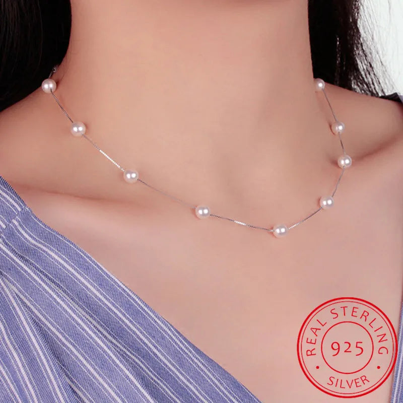 MEEKCAT 925 Sterling Silver Jewelry 12 PCS 6mm Freshwater Pearl Box Chain Choker Necklace kolye collares bijoux femme DN170