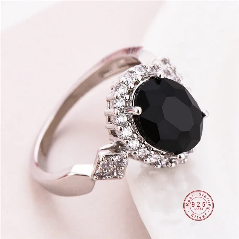 6 Colors Genuine Jewelry 925 Sterling Silver Stackable Ring Round Black CZ Crystal Finger Ring for Women Wedding Party Bague Bijoux