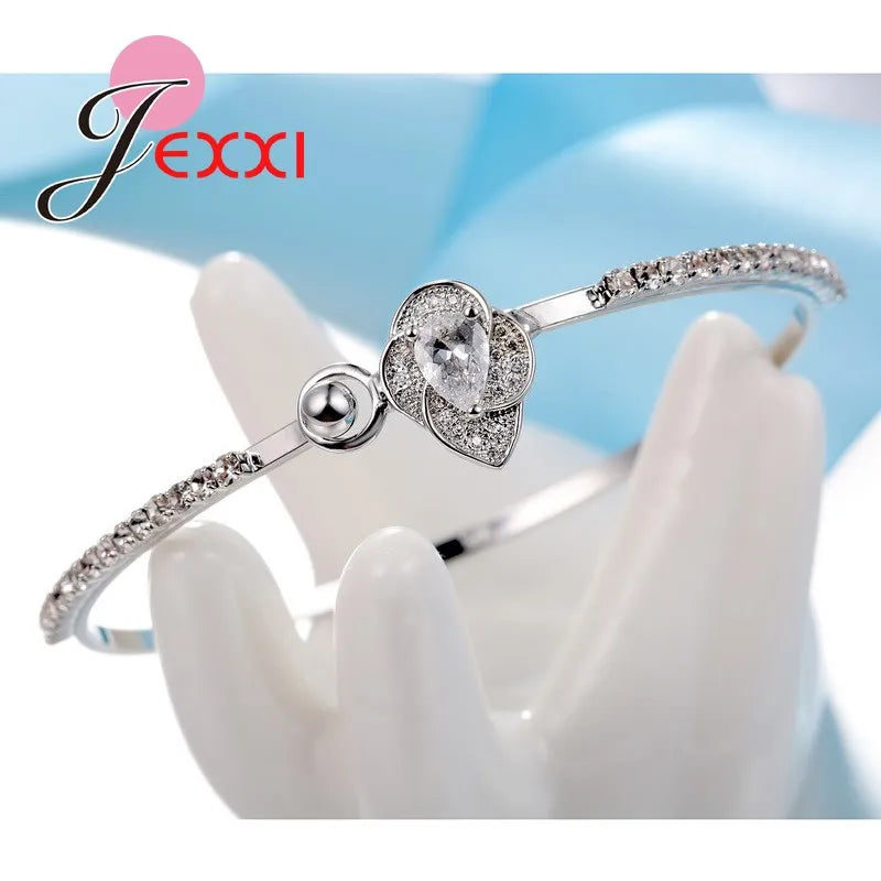 Bridal Wedding Accessories 925 Sterling Silver Needle Cubic Zirconia Stone Flower Bangle Bracelet for Women Men Bijoux