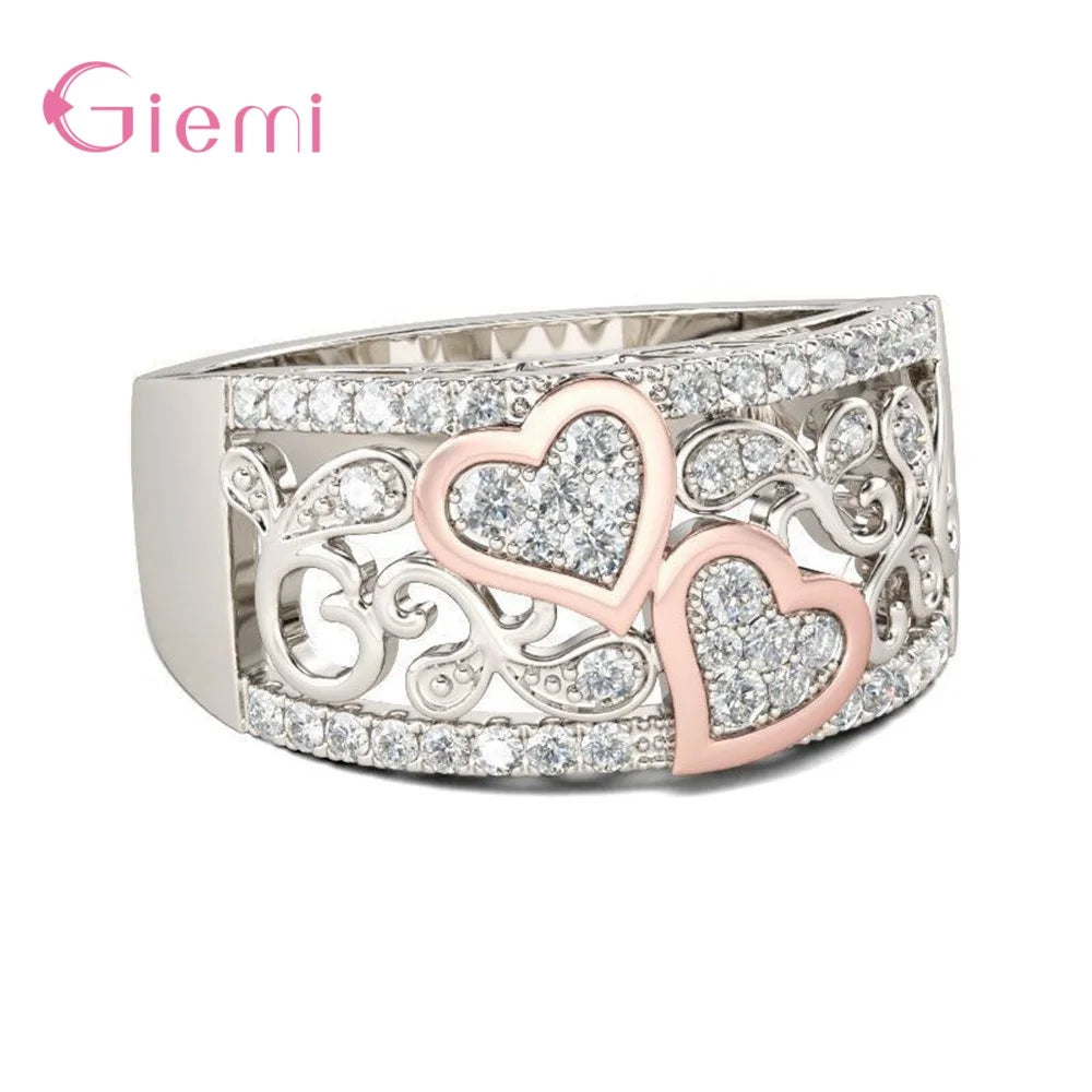 Heart and Soul 925 Sterling Silver Cubic Zirconia Finger Ring for Women Girl Sweet Gift Jewelry Bijoux Ornament