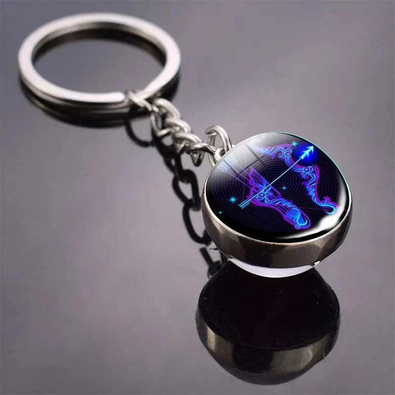 12 Constellation Key Chain Luminous Double Sided Glass Ball Pendant 12 Zodiac Key Chain Fashion Birthday Gift for Men and Women