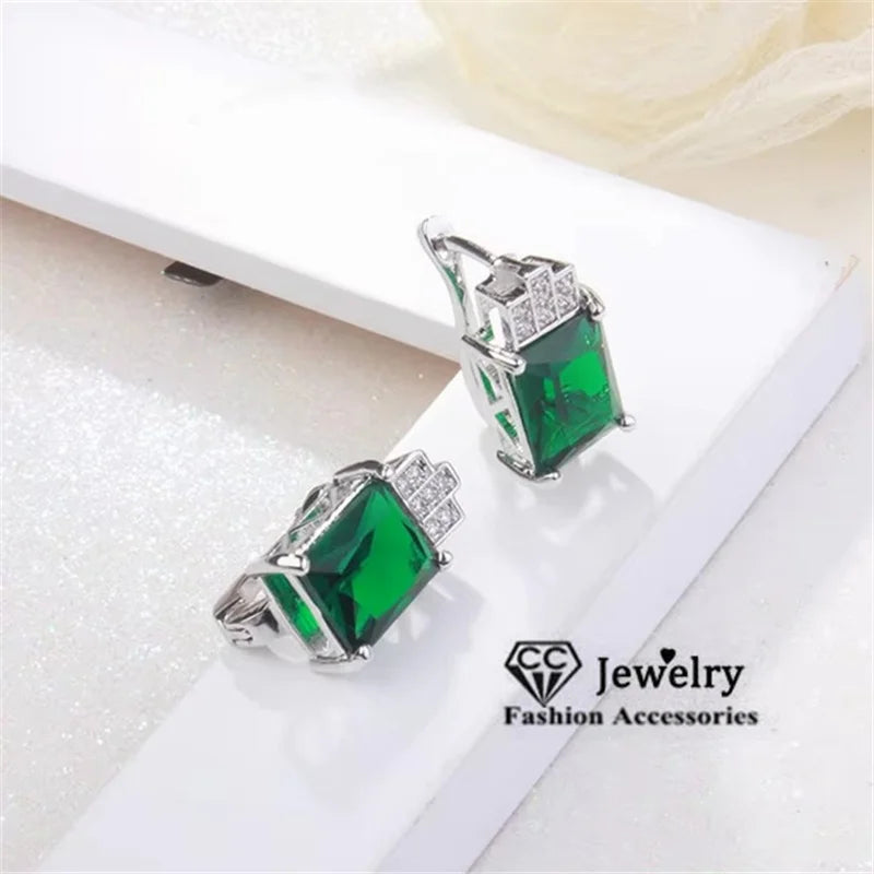 CC Fashion Jewelry Stud Earrings For Women Silver Color Green Stone Clip Drop Earring Engagement Bride Wedding Bijoux CCE175