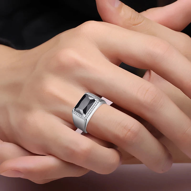 Luxury 6.8ct Black Spinel Male Ring Vintage Genuine 925 silver ring men Fine Jewelry S925 Big size Bijoux Jewelry With Gift Box