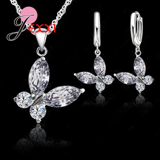 Fast Shipping 925 Sterling SIlver  Crystal Butterfly Fashion Pendant Necklace Earrings Jewelry Set For Women Wedding Bijoux