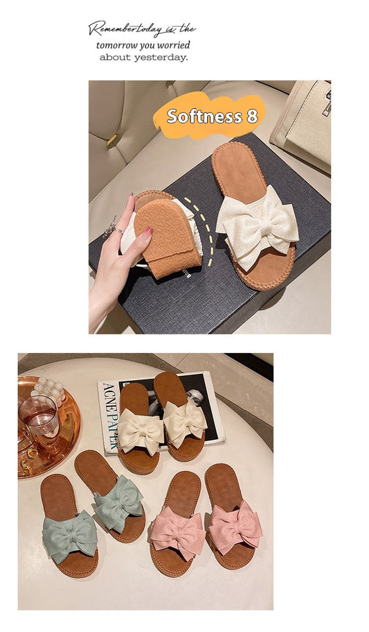 Women's Slip-on Cloth Sandals Summer Soft Bottom Flat Heel Bow - BMYANY