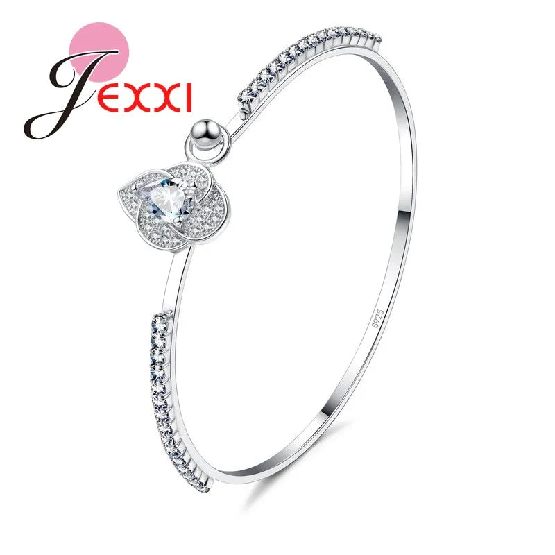 Bridal Wedding Accessories 925 Sterling Silver Needle Cubic Zirconia Stone Flower Bangle Bracelet for Women Men Bijoux