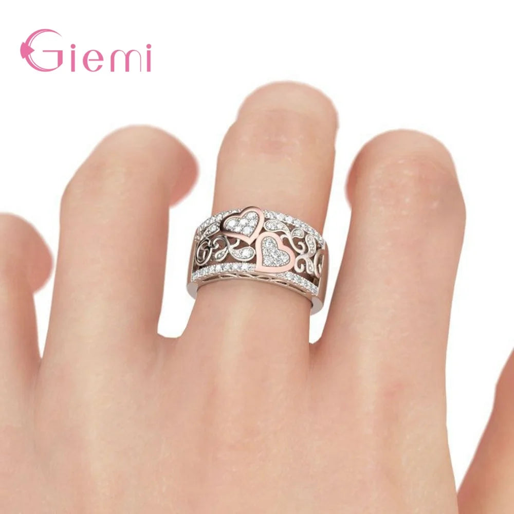 Heart and Soul 925 Sterling Silver Cubic Zirconia Finger Ring for Women Girl Sweet Gift Jewelry Bijoux Ornament