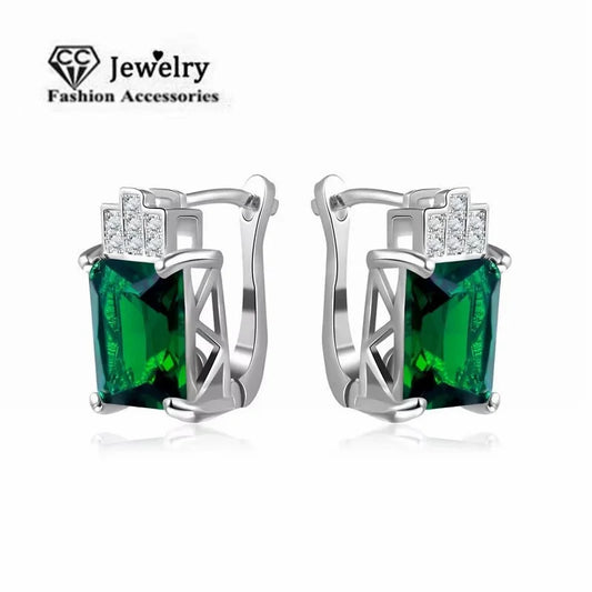 CC Fashion Jewelry Stud Earrings For Women Silver Color Green Stone Clip Drop Earring Engagement Bride Wedding Bijoux CCE175